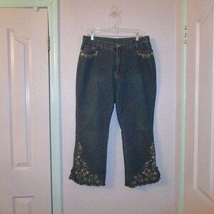 VTG Shyger EMBROIDERED Flare Size 12 33 JEANS Crop RHINESTONES Ruffle Hems BOHO